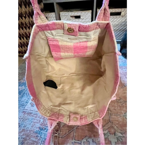 SANDRO Kasbah Gingham Pink & Cream Cotton Tote Bag w/ Gold Bag Charm - Picture 12 of 16